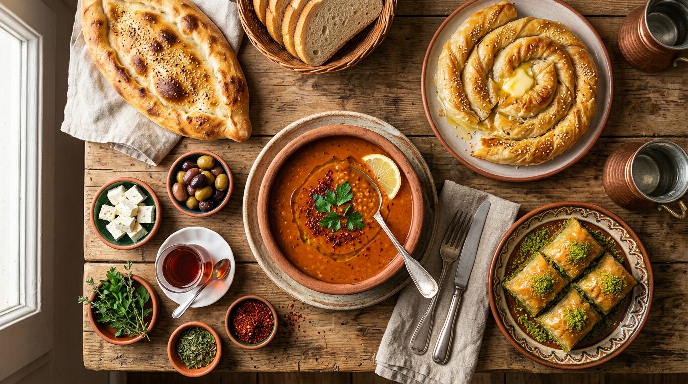 A warm Turkish table spread featuring börek, lentil soup, baklava, and fresh bread
